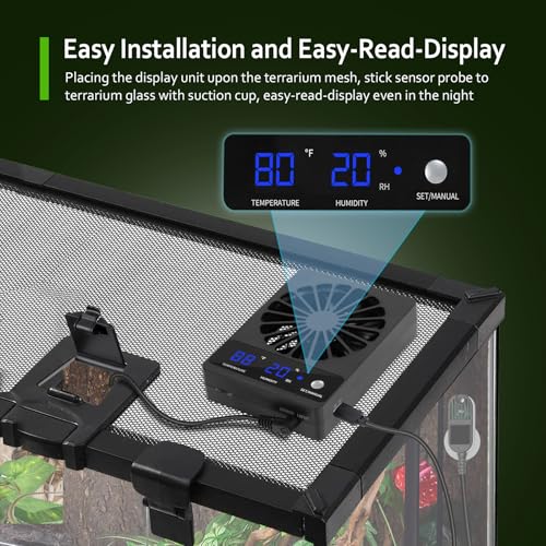 Reptile Tank Fan with Thermometer & Hygrometer | LED Display, Auto Ventilation for Enclosures & Terrariums