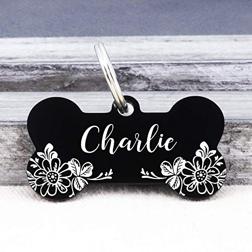 UltraJoys Stainless Steel Pet ID Tag Dog Name Tags Personalized Front and Back Engraving,Customized Dog Tags and Cat Tags,Optional Engraved on Both Sides,Bone Tag with Floral Design,Small,Black - color: Black-bone-floral, size: Small