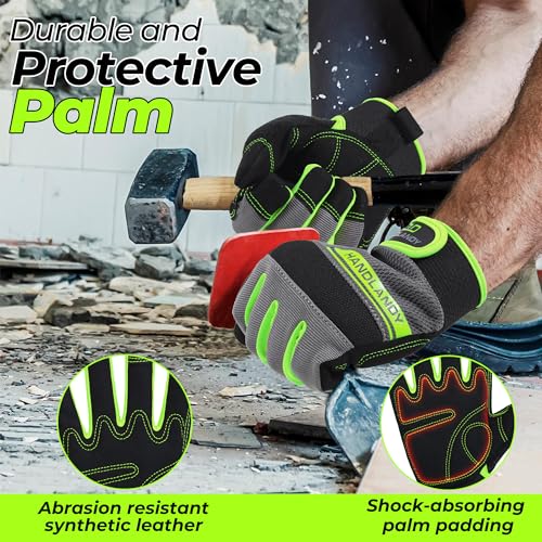 HANDLANDY Work Gloves for Men & Women, Utility Mechanic Working Gloves Touch Screen, Flexible Gardening Gloves for Yard - color: Green (1 Pair), size: Small