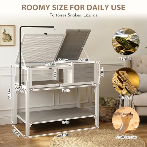 Tortoise Habitat for Small Reptiles, 2-Zone Wooden Turtle Cage with Adjustable Rotating Metal Lamp Stand, Storage Shelf, Indoor Reptile Enclosure for Tortoises, Geckos, Snakes - color: Natural Wood