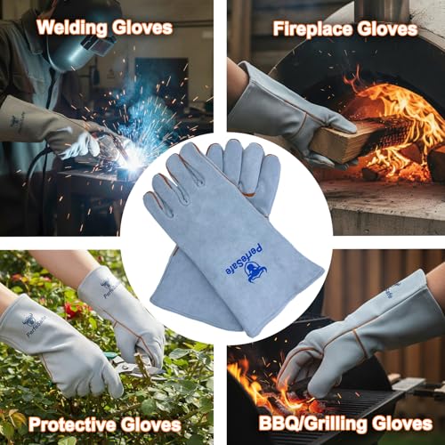 Welding Gloves Heat Resistant Leather Fireproof Gloves 14 In Grey | Welders Gloves for MIG TIG Stick, Grill Gloves Mitts for BBQ,Oven,Forge,Fireplace,Fire Pit,Furnace,Wood Stove,Dry Ice,Baking - color: 14 Inches Grey