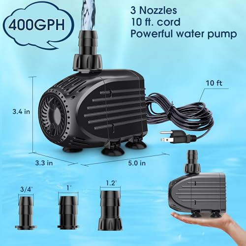 Ultra Quiet Submersible Water Pump 400GPH Size 5.0Lx3.3Wx3.4H in | 35W Fountain Pump with Dry Burning Protection, 10ft Cord, 8ft High Lift for Fountains, Waterfall, Aquariums KF205 - size: 400GPH