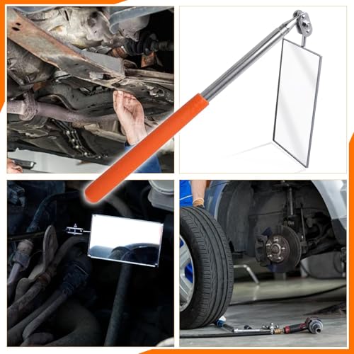 Telescoping Inspection Mirror, Up to 19.5" Long | 360° Swivel Rectangular Head, Extendable Mechanic Mirror on a Stick, Foldable, Stainless Steel, for Vehicle Detail Checking - style: 19.5"-Orange