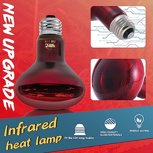 LUCKY HERP Infrared Heat Lamp 75W 2 Pack,Reptile & Amphibian Basking Spot Light Bulbs, Red Heat Lamp Bulbs for Reptiles, Bearded Dragon, Turtle, Lizard, Snake, Chicken - size: 75