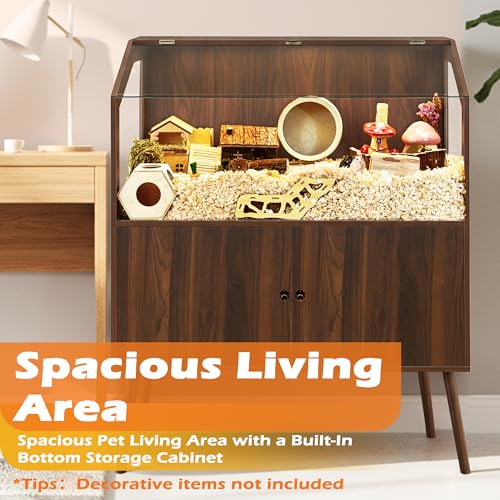 PROLEE Hamster Cage with Storage Cabinet,Large Hamster Encloure Chew Proof Wood,Clear View Hamster Habitat for Guinea Pig, Ferret, Rat, Hedgehog,47“ X 40” X 20“ (Walnut) - color: Walnut