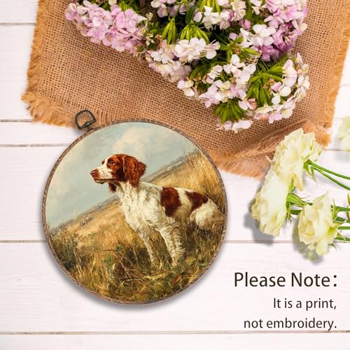 Yorhifa Vintage Brittany Spaniel Framed Wall Art, Springer Spaniel Gifts Round Wall Art, Rustic Farmhouse Hunting Dog Round Walls Decor, Country Landscape Circle Canvas Artwork Hanging Decor, 10x10in - color: dog farmhouse