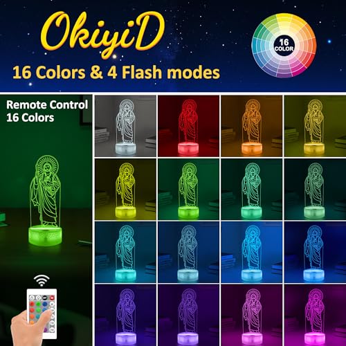 OkiyiD San Judas Tadeo Gifts, 3D San Judas Tadeo Night Light Illusion Lamp with 16 Colors Remote Control, St Jude Religious Prayer Gifts for Women Men Spiritual Decor - style: san judas tadeo