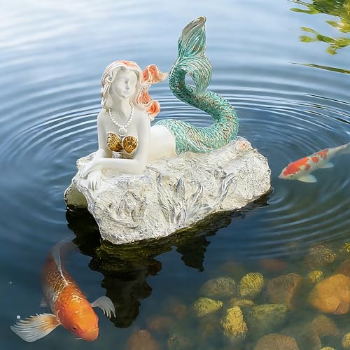 Teaeeno Faux Log Fish Cave, Mermaid Statue Decor | Decorative Shelter for Koi and Fish Ponds Aquariums and Terrariums Mermaid Decoration Sculpture - color: Pink