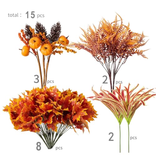 15pcs Outdoor Artificial Maple Leaf Pumpkin Branch with Berry and Maple Leave for Indoor Outside Hanging Plants Garden Porch Window Box Home Wedding Farmhouse Décor - color: Maple Leaf Pumpkin Berry