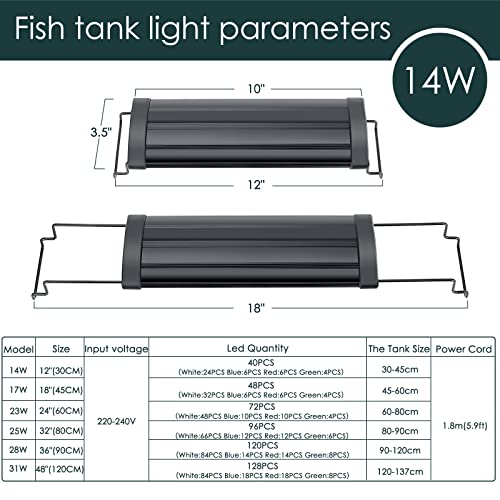 AQQA Aquarium Light,Full Spectrum LED Fish Tank Lights | 12"-54" Adjustable Multi-Color White Blue Red Green LEDs with Extendable Brackets,14W-31W for Freshwater Plants 14W (12"-18") - size: 14W (12"-18")