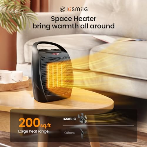Kismile Small Electric Space Heater Ceramic Space Heater,Portable Heater Fan for Office with Adjustable Thermostat and Overheat Protection ETL Listed for Kitchen, 750W/1500W(Black) - color: Luxury Black-Built-in Handle