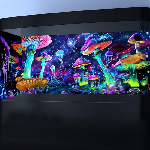 48X18IN Blacklight Aquarium Background UV Reactive Mushroom Background Starry Sky Terrarium Background with 10 EVA Double-Sided Tape - size: 48X18in/120X45cm