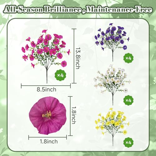 12 Bundles Artificial Morning Glory Flowers for Outdoors, 4 Mixed Colors | 336 Blooms with UV Resistant Silk Petals and Eucalyptus, for Planters, Porches, Patios, Window Boxes and Garden Decor - color: 4 Mix Colors