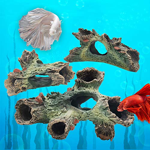 TIHOOD 3PCS Decaying Trunk Aquarium, Betta Fish Ornament, Freshwater Decoration - Resin Log With Holes and Caves for Fish Tank