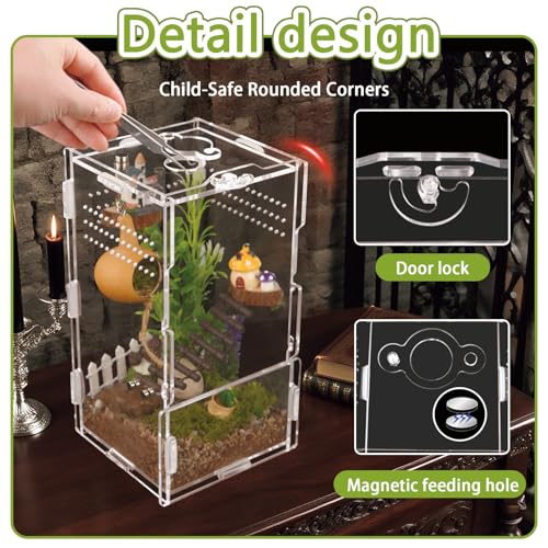 4x4x8 Inch Acrylic Reptile Terrarium,Front Opening Tarantula Enclosure with Swivel Lock & Magnetic Feeding Door,Small Spider Cage for Jumping Spider、Scorpion、Isopods、Snails