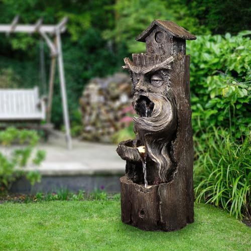 YZM Outdoor Floor Cascading Waterfall Tree Trunk Water Fountain 33.46" H | Patio Porch Backyard Garden Fountain with LED Lights Pump 3 Tiers Water Feature - color: Tree Trunk Brown