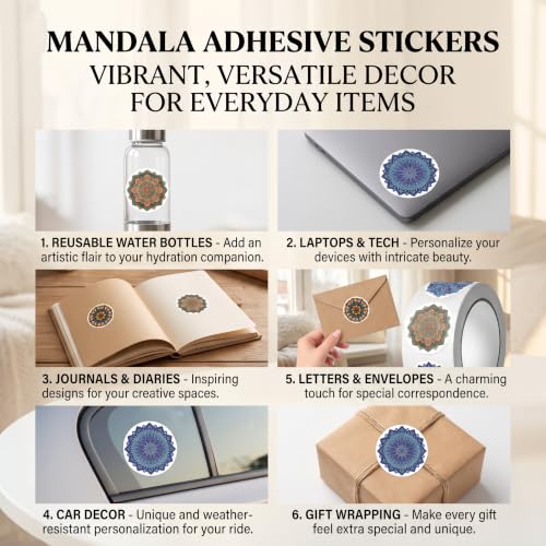 500Pcs Mandala Stickers, Waterproof Decal Bottles, Laptops Crafts 8 Styles | 500Pcs/Roll mandala stickers; waterproof self-adhesive accents for packaging, envelopes, crafts, gifts, or parties. - color: 500pcs- 10 Styles Mandala