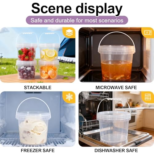 6 Pack 1 Gallon Food Grade Plastic Buckets with Screw Lids & Handle, Reusable Storage Containers for Snacks, Salad, Sauce - Clear Freezer Safe Bucket Set (Transparent) - color: Transparent, size: 6pack 1Gal