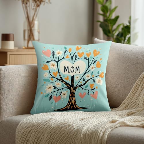 Tree with Mom in Heart Throw Pillow Covers, Hearts and Flowers Cushion Cases Digital Blended Hidden Zipperl Decorative Pillow Covers Square 16X16 in 2 Pcs - color: Blue Tree Mom01 Blue, size: 16" x 16" (Pack of 2)