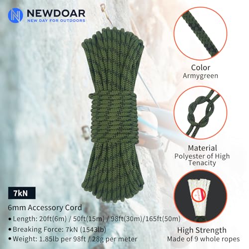 Static Climbing Rope 6mm Accessory Cord Rope,for Arborist Tree, Mountaineering, Sailboat Rope,Dock Lines,Hauling Dragginge - color: Armygreen, size: 20 ft