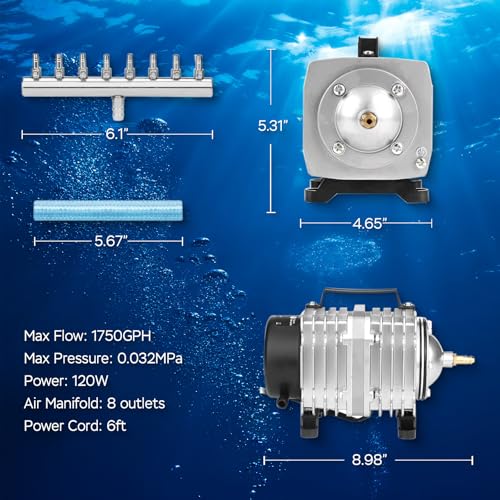 AquaMiracle Aquarium Air Pump Commercial Air Pump with Aluminum Housing, 600/1000/1200/1750GPH Fish Tank Bubbler Pond Aerator for Aquariums, Ponds, Hydroponics - style: 120W-1750GPH