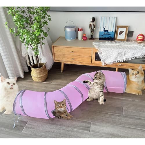 2-Way Long Collapsible Cat Tunnel Tube Toy Pink | Interactive Play Tunnel with Peek Hole for Indoor Cats, Kittens, Puppies & Rabbits | Hours of Fun & Exercise - color: Pink Grey