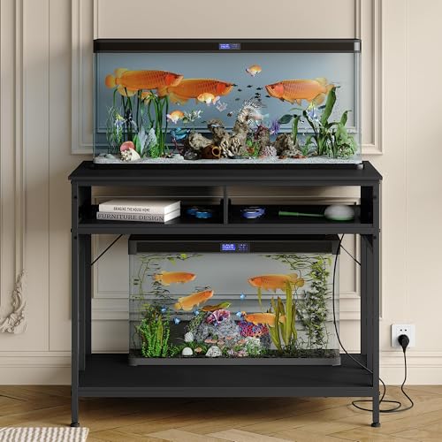 GarveeHome 40-50 Gallon Aquarium Stand with Power Outlet & 2 Drawers, Dual Metal Fish Tank Stand Adjustable Height Feet, 660 Lbs Capacity, for Reptile Terrariums Black - color: Black