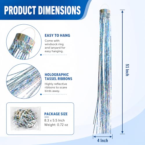 Bird Scarer Windsock Holographic Silver Windsock, High Reflection Bird Deterrents Spinner Tassel Keep Birds Away for Outside,Garden, Orchards, Patio, Yard