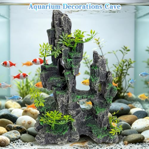 kathson Aquarium Mountain View Stone Resin Fish Tank Decoration Betta Hideout Caves Rockery Landscape Tree Rock Hiding Cave Decor for Small Fish Shrimp Play Ornament - size: 8.0〞L x 4.3〞W x 10.4〞H