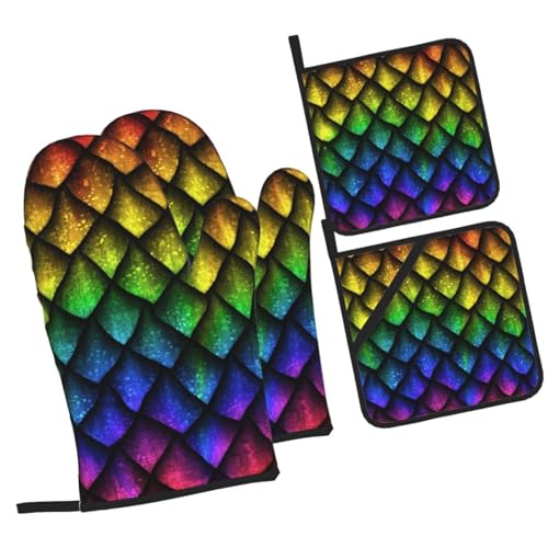 Dragon Scales Reptile Skin Heat Resistant Oven Mitts and Pot Holders Set of 4-500°f Protection Utensil Pocket for Grilling, Baking, Cooking