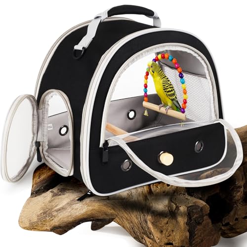 Portable Parrot Travel Cage Carrier with Small Swing Toy&Cage Colorful Toys Set Small Bird Parakeet Bag with Standing Perch Bird Carry Transport Bag (Black, Carreir/Swing) - color: Black, size: 12.0"L x 7.0"W x 12.0"H