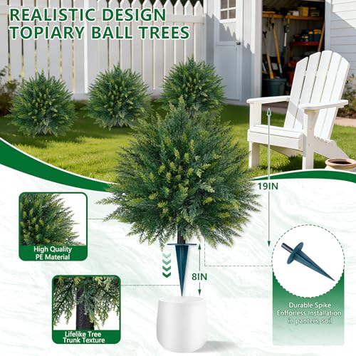 Grooy 2 Pack Artificial 26.5 Inches Cedar Topiary Trees with Ground Spikes | UV Resistant Fake Pine Shrubs, Realistic Evergreen Cypress Bushes, Odorless Plants for Outdoor Front Door Garden Decor - color: Green