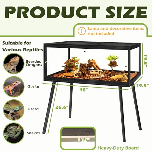 Bearded Dragon Tank with Legs, 81 Gallon Tempered Glass Lizard Tank, Reptile Enclosure with Metal Mesh and Lockable Door, Reptile Tank for Snakes,Chameleon (Black, 48x19.5x19.5 Inch) - color: Black, size: 81Gallons,48inch