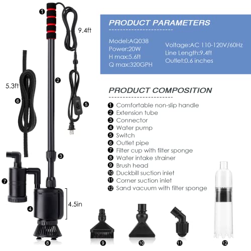AQQA 6-in-1 Electric Aquarium Gravel Cleaner, 320GPH 20W Fish Tank Vacuum | Water Changing, Sand Washing, Filtering & Water Circulation Multi-function Cleaning Tool, Adjustable Length, Easy Operation - size: 6-in-1 Aquarium Gravel Cleaner