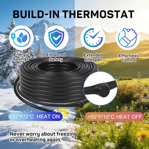 HEATIT 8JHSF 30FT Self-Regulating Heating Cable, 120V 8W/ft | ETL Listed Heat Cable with Thermostat & 10FT Lighted Plug for Roofs, Gutters and Pipes, Prevents Ice Dams & Pipe Freezing - style: 30FT