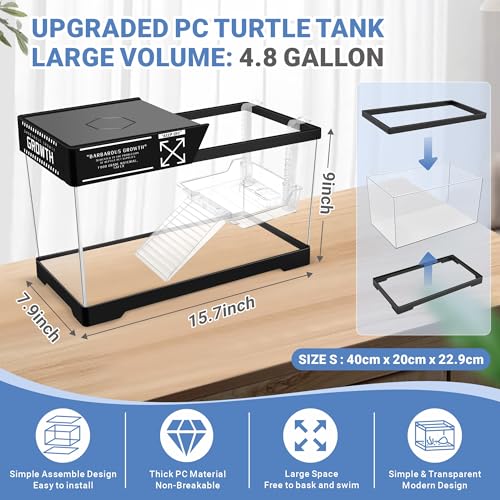 GOZILLA Aquatic Turtle Tank+Lamp+Filter Kit, Upgrade PC Turtle Tank Starter Kit with Adjustable 360°Lamp & Filter,Reptile Habitat Lid,Hanging Platform for Small Reptiles.(15.75×7.9×9''/Black) - color: MEDIUM-BLACK