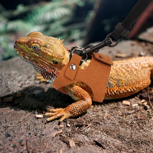 Bearded Dragon Harness Leash Set, 3 Size Lizard Harness, Brown | Soft Vest Harness, Adjustable Hook and Loop, Durable Leash, For Bearded Dragon Lizard Reptile, Great for Outdoor Walking - color: Brown