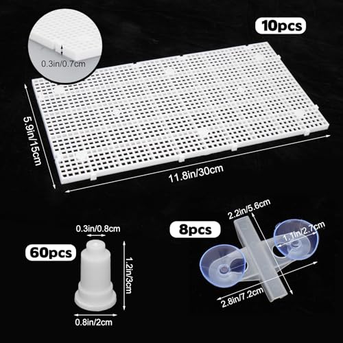 10 Pieces High-Density Aquarium Grid Plastic, Fish Tank Divider with 60 Brackets and 8 Suction Cups, Plastic Egg Crate Grid for DIY Fish Tank Separation and Bottom Protection in Aquascaping