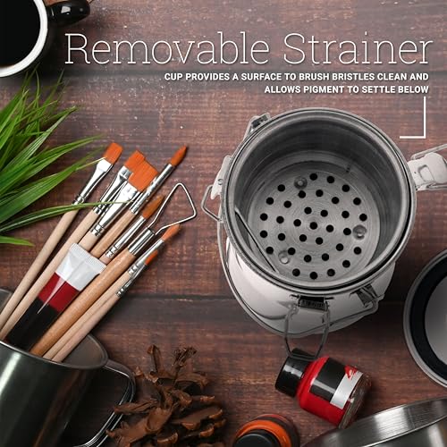 U.S. Art Supply Large Stainless Steel Leak-Proof Deluxe Paint Brush Washer with Wash Tank, Clip-On Lid, and Strainer Cup - Oil Paint Brush Cleaner for Artists