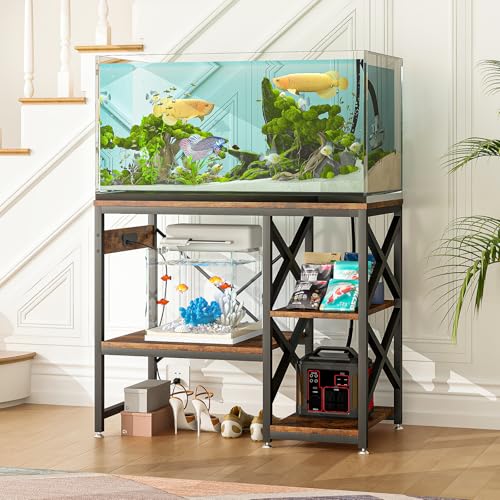 METYERRY 40-50 Gallon Fish Tank Stand with Power Outlet,Adjustable Shelf | 3 Tier Storage,660 LBS Heavy Duty Steel Frame, Fits Fish Reptile and Turtle Tanks, Stable Home Aquarium Setup - color: Rustic Brown, size: 40-50gallon