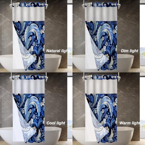 Seamless Paisley Floral No Hooks Shower Curtain with Snap in Liner Set, Damask Blue Paisley Flowers Tub Curtainn Mesh Top Window & Magnetic Hem Waterproof 35.5X74 Inch - color: Blue Damask Blue Paisley, size: 35.4"W x 74"L (Pack of 1)