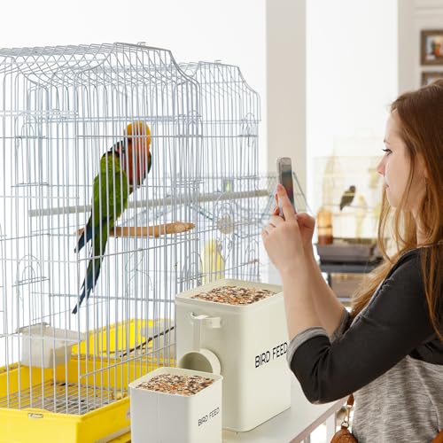 Reallnaive 2 Pcs Metal Bird Seed Container with Scoop,White | Bird Feed Storage Container with Fitted Lid, Farmhouse Style Ideal Gift for Birds and Pet Owners - color: White