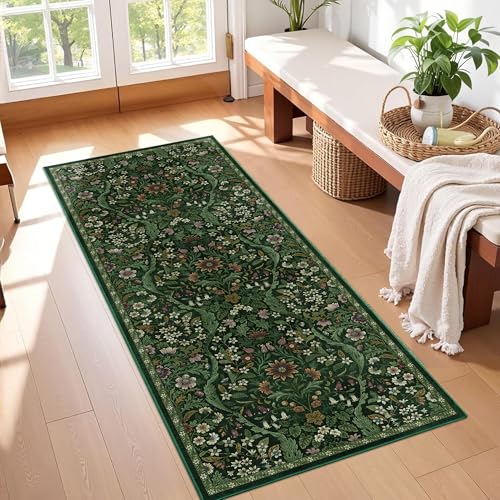 2x5 Floral Runner Rug for Kitchen Washable Hallway Runner Rug | Washable, Low-Pile, Non Slip Runner Rug, Green Floral, Stain Resistant, Soft Rug for Kitchen, Bedside, Laundry Room, Entryway - color: Dark Green, size: 2' x 5' (Runner)
