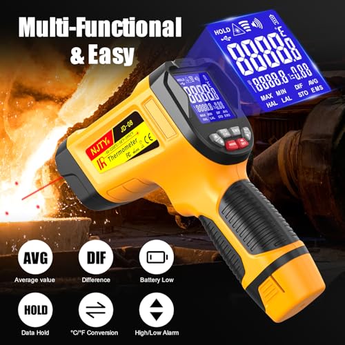 JD-08 High Temp Infrared Thermometer Gun, -58°F to 3992°F | Multi-point laser targeting, adjustable emissivity, and MAX/MIN/AVG/DIF modes for furnaces, kilns, metal, and HVAC - color: High temperature yellow