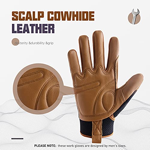HANDLANDY Leather Work Gloves Mens & Women, Utility Safety Mechanic Working Gloves Touch Screen, Flexible Breathable Yard Work Gloves (Medium, Brown-Cowhide Palm) - color: Brown (1 Pair), size: Medium