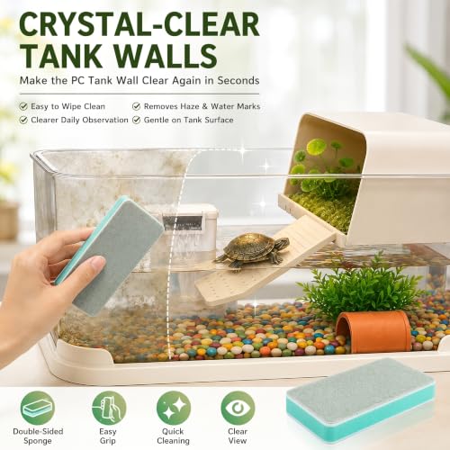 Baby Turtle Tank Starter Kit with UVA/UVB Lamp and Water Filter | Clear PC habitat with cream-white base, textured climbing ramp, ceramic hideout, four plants, grass mat and cleaning sponge