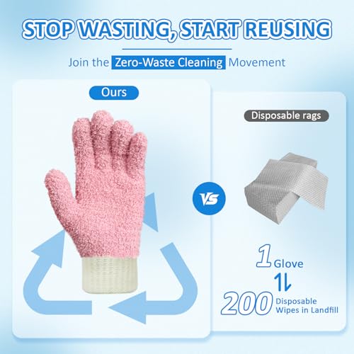 MIG4U Microfiber Dusting Gloves House Cleaning Glove for Blinds, Windows, Shutters, Furniture, and Car, Reusable Lint-Free Pink 2 Pairs S/M - color: Pink Mitten + Gloves, size: Small-Medium