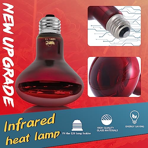 LUCKY HERP Infrared Heat Lamp 100W 2 Pack,Reptile & Amphibian Basking Spot Light Bulbs, Red Heat Lamp Bulbs for Reptiles, Bearded Dragon, Turtle, Lizard, Snake, Chicken - size: 100