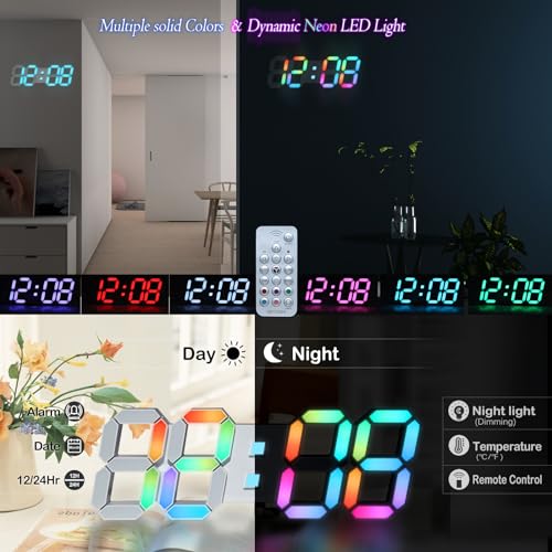 LED Wall Clock 15" RGB Digital LED Clock for Living Room Decor, Large Display Gaming Room Clocks, Dimming/12/24 Hr Time/Date/Temp/Remote (White Clock with Neon Light) - color: 15in Wall Clock-neon Light