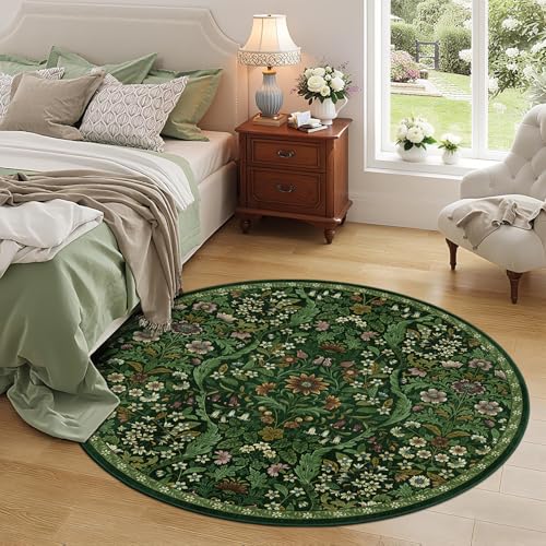 Round Rug 5ft Floral Circle Rug Green Botanical Indoor Area Rug | Non-Slip, Washable, Soft Low-Pile, Stain Resistant, Non-Shedding Circular Boho Carpet, for Living Room, Kids Room, Home Decor - color: Dark Green, size: 5' (Round)